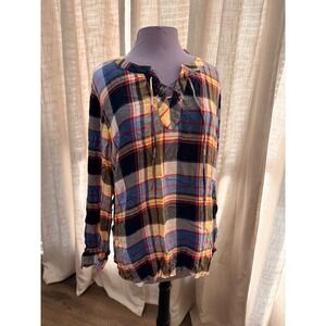 NWT Talbots Womens L Plaid Long Sleeve Tunic Top Lace Up Neck